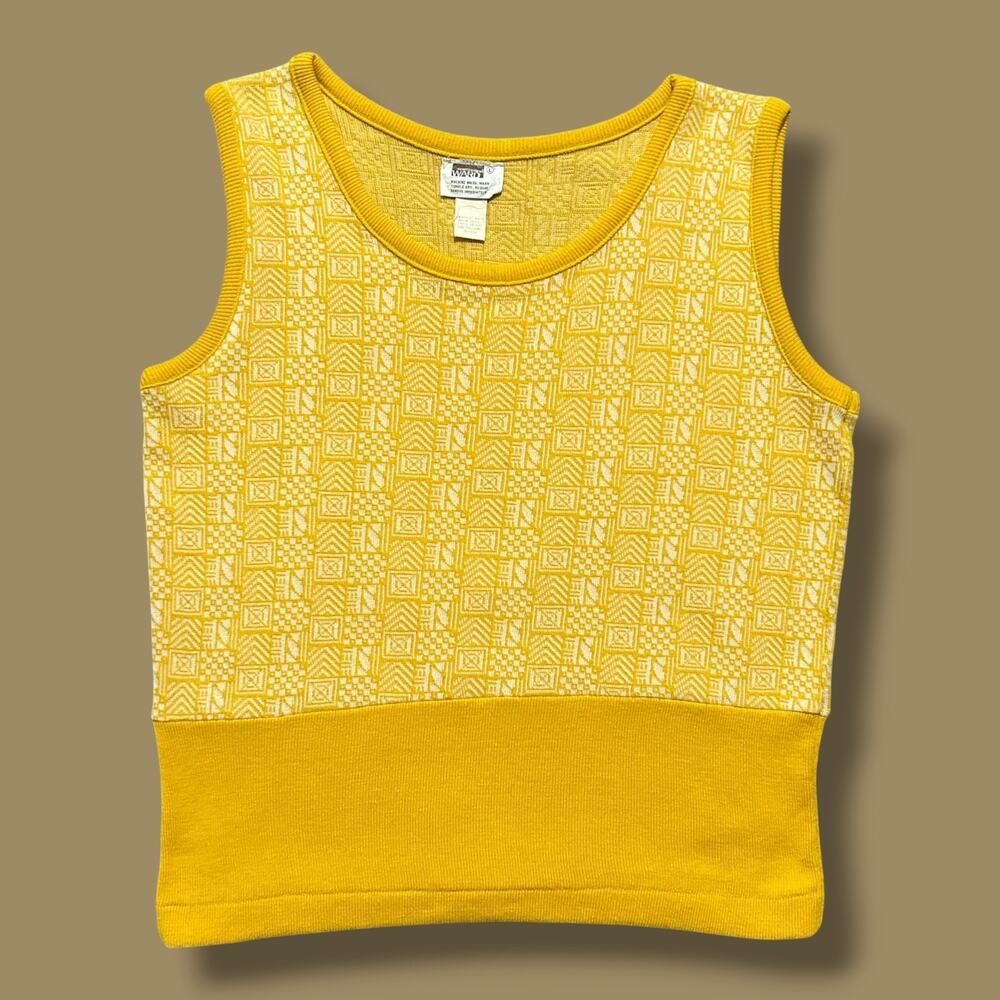 Vintage 70s Sweater Vest Montgomery Ward Mustard Yellow Abstract Knit Sleeveless
